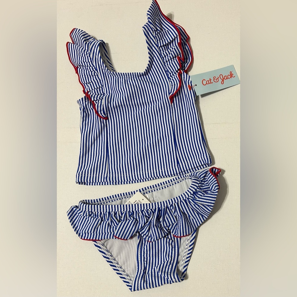 Cat & Jack Baby Girls Swimsuit Red White Blue Stripe Ruffles NWT 18 Months